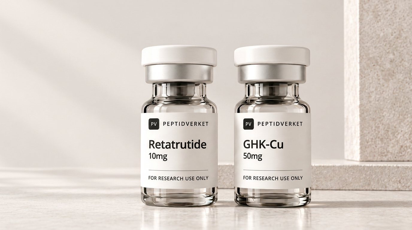 Peptidverket lab-grade peptide vials on a stone surface